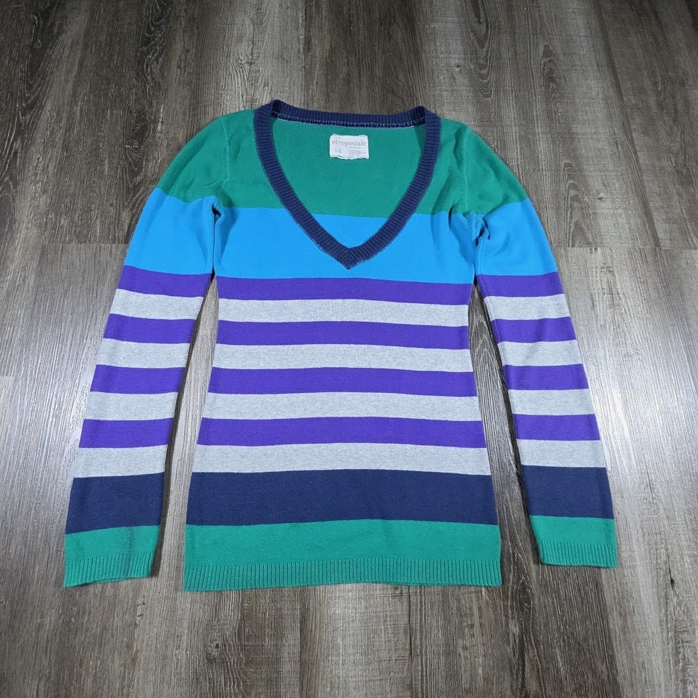 Vintage Aeropostale Womens Large Striped V Neck Long Sleeve Sweater‎ Bella Swan